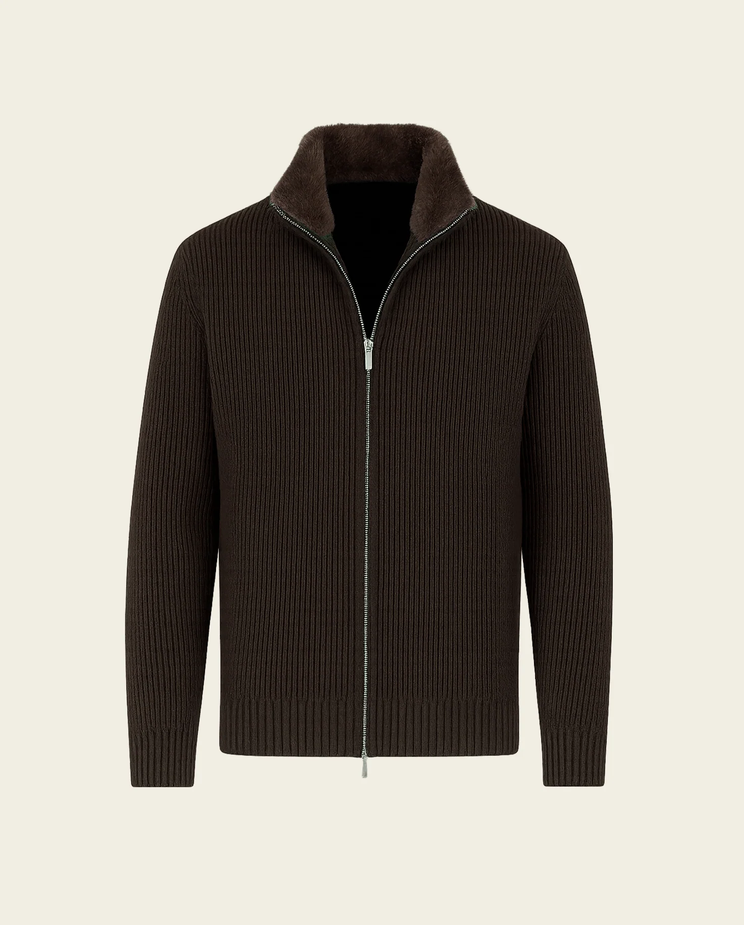 FURNECK KNIT JACKET - BROWN - Image 2