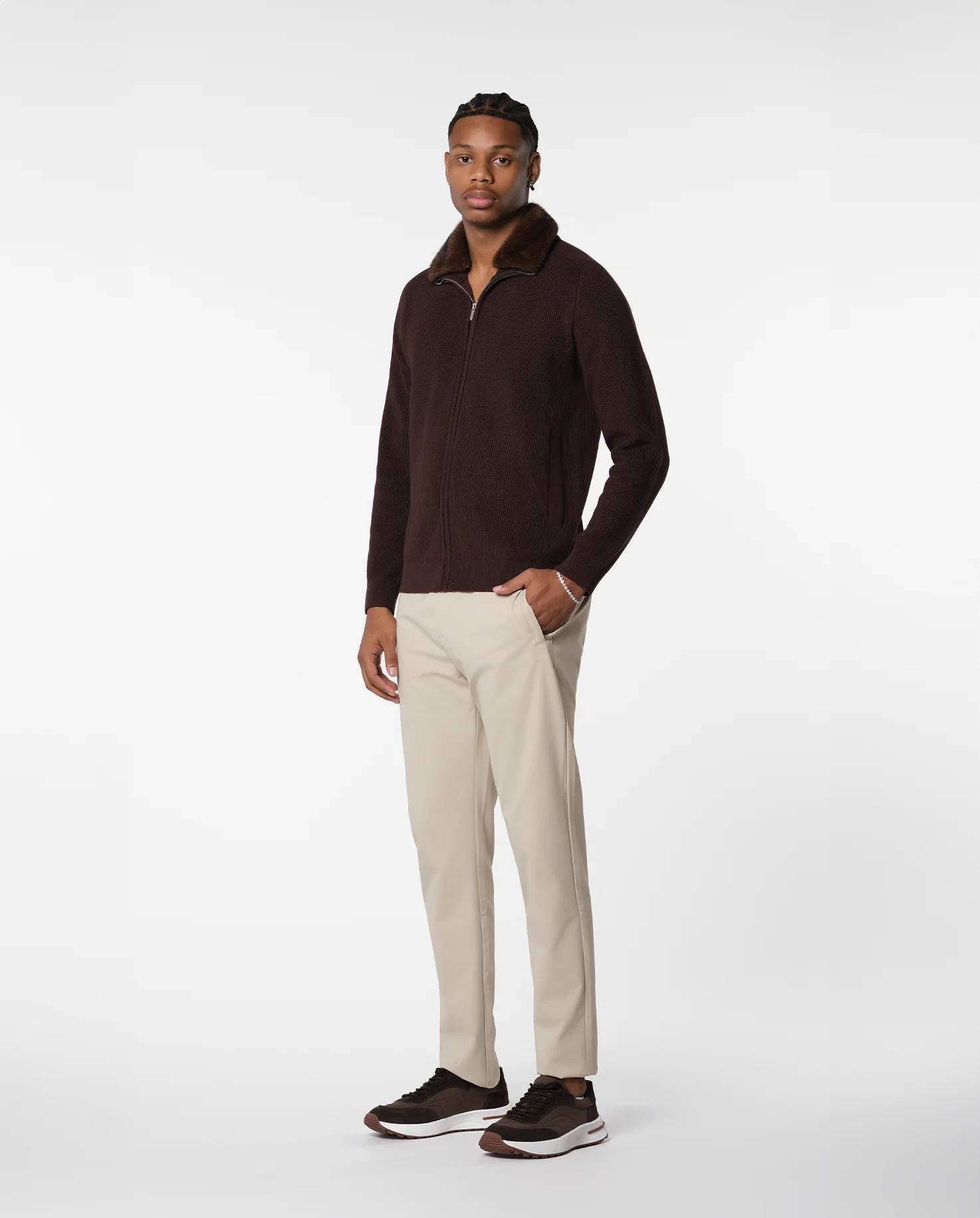 FURNECK KNIT JACKET - BROWN - Image 3